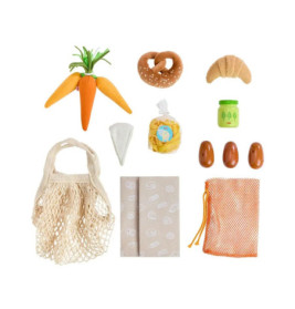 Spielzeug-Lebensmittelset mit Karotten, Brot, Käse, Pasta, Oliven, Glas und Tüten auf weißem Hintergrund.