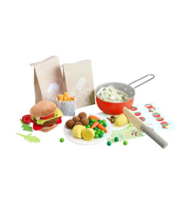 Spielzeug-Set mit Burger, Pommes, Gemüse, Pfanne, Messer und Papiertüten auf weißem Hintergrund.
