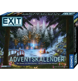 Die Box des Exit Adventskalenders zeigt einen verschneiten Wald mit Lichtern und zwei Menschen am Lagerfeuer.