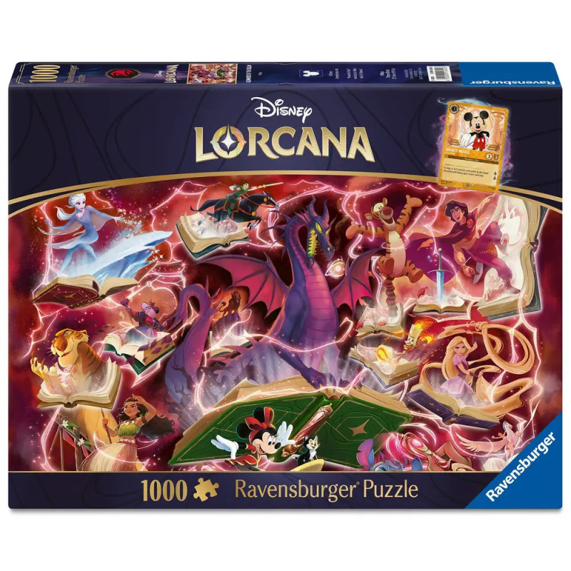 Disney Lorcana Ravensburger Puzzle mit 1000 Teilen zeigt verschiedene Disney-Figuren und magische Illustrationen.