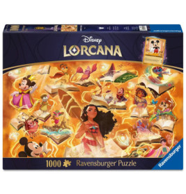 Disney Lorcana Ravensburger Puzzle mit 1000 Teilen zeigt Disney-Figuren und magische Bücher.