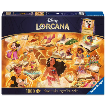 Disney Lorcana Ravensburger Puzzle mit 1000 Teilen zeigt Disney-Figuren und magische Bücher.