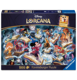 Ravensburger Puzzle mit 1000 Teilen: Disney Lorcana-Motiv mit Mickey Mouse und weiteren Figuren auf Büchern.