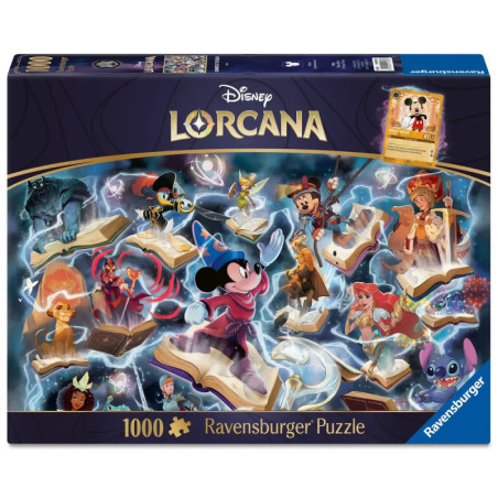 Ravensburger Puzzle mit 1000 Teilen: Disney Lorcana-Motiv mit Mickey Mouse und weiteren Figuren auf Büchern.