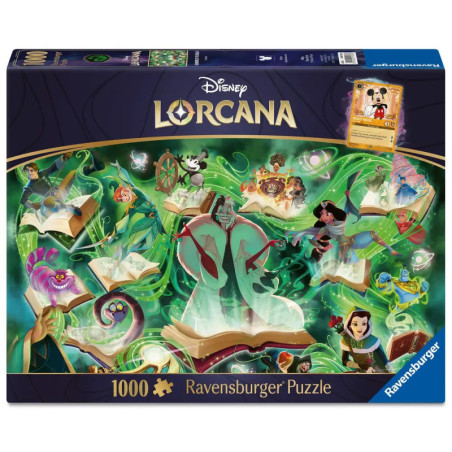 Disney Lorcana Ravensburger Puzzle mit 1000 Teilen, Disney-Figuren und grün wirbelnder Magie.