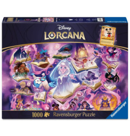 Disney Lorcana Ravensburger Puzzle (1000 Teile) mit magischen Figuren und schwebenden Büchern in Fantasieszenerie.