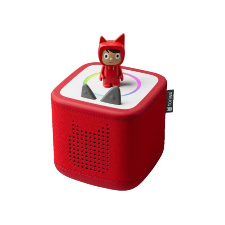 Rote Toniebox mit kleinem Fuchs auf weißem Hintergrund.