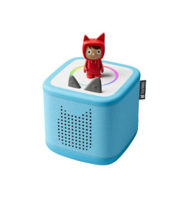 Blaue Toniebox mit roter Figur obenauf und zwei grauen Steuerohr-Lautstärkereglern.