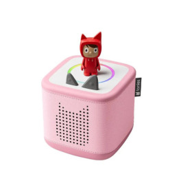 Rosa Lautsprecherbox mit Katzenohren und roter Figur oben, kindgerecht gestaltet.