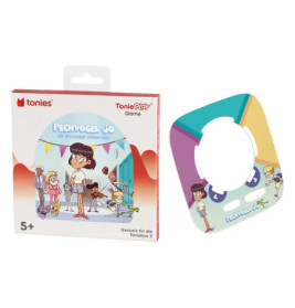 Bunte Tonie-Spielbox und Karte mit Cartoon-Kindern und Tieren, geeignet ab 5 Jahren.