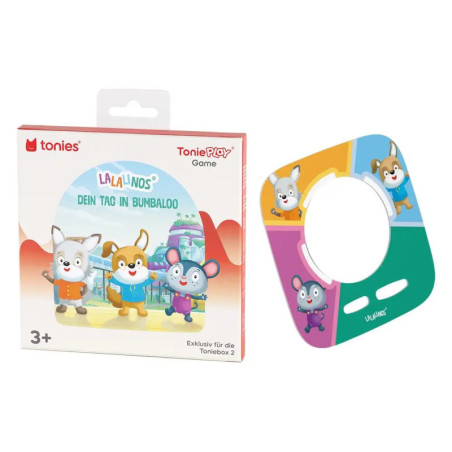 Buntes Kinderspiel Lalalinos: Dein Tag in Bumbaloo mit Comic-Tieren auf der Verpackung.