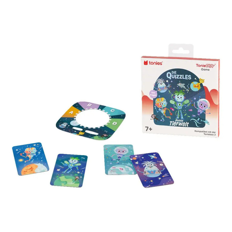 Kinderspiel mit bunten Tierkarten, rundem Spielbrett und Schachtel mit Aufschrift Die Quizzles. Kinderspiel mit bunten Tierkarten, rundem Spielbrett und Schachtel mit Aufschrift Die Quizzles.