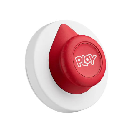 Roter PLAY-Knopf auf weißer runder Basis, aus schräger Perspektive betrachtet. Roter PLAY-Knopf auf weißer runder Basis, aus schräger Perspektive betrachtet.