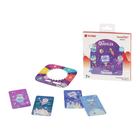 Buntes Quiz-Kartenspiel mit Roboter-Motiven und roter Box Die Quizzles Technik ab 7 Jahren.