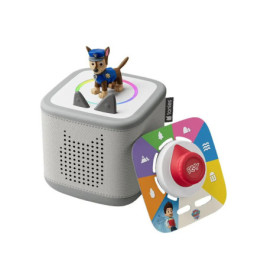 Grauer Audioplayer mit Paw Patrol Chase-Figur und bunter Steuerkarte mit rotem Play-Button.