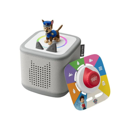 Grauer Audioplayer mit Paw Patrol Chase-Figur und bunter Steuerkarte mit rotem Play-Button.