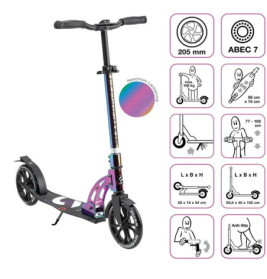 Schwarzer und lilafarbener Scooter mit Beschriftungen und Anleitungen in pink-weißen Boxen.