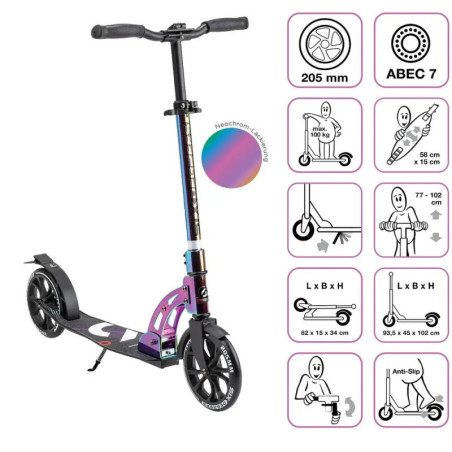 Schwarzer und lilafarbener Scooter mit Beschriftungen und Anleitungen in pink-weißen Boxen.