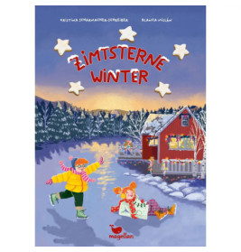 Zwei Kinder laufen Schlittschuh auf einem verschneiten See bei einer roten Hütte mit Lichtern Sternkekse oben.