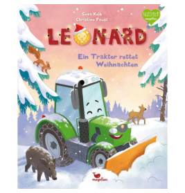 Ein grüner Traktor mit Schneepflug räumt Schnee im verschneiten Wald bei Tieren, darüber leuchten Weihnachtslichter.