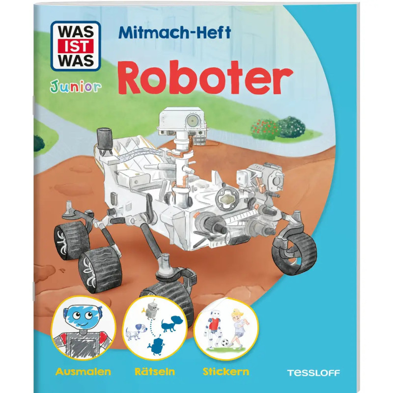 Cover eines deutschen Kinderbuchs über Roboter mit Illustration eines Mars-Rovers.