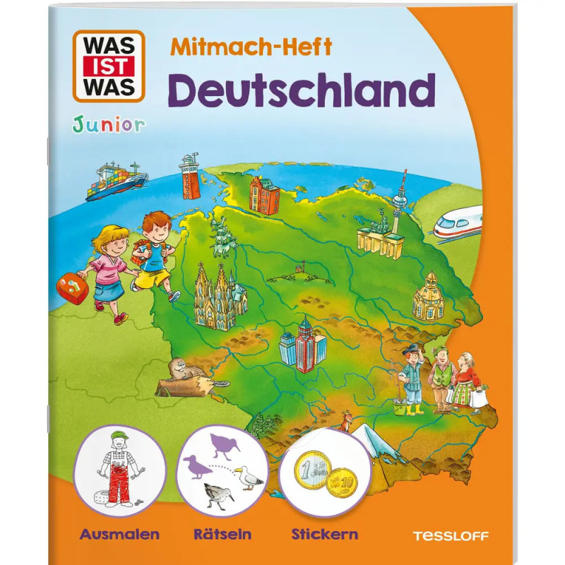 Kinder betrachten eine bunte Deutschlandkarte auf dem Cover eines deutschen Aktivitätsbuchs.