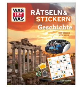 Buchcover mit römischen Ruinen, Stickern und dem deutschen Titel Rätseln & Stickern Geschichte.