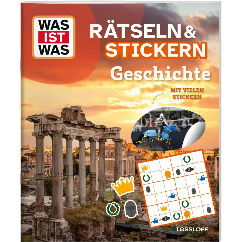 Buchcover mit römischen Ruinen, Stickern und dem deutschen Titel Rätseln & Stickern Geschichte.
