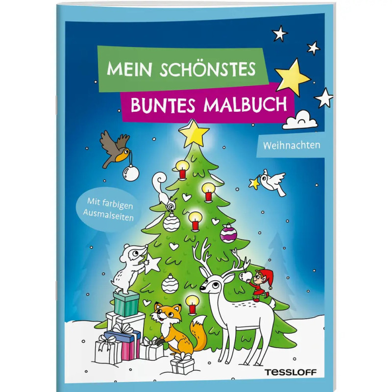 Buntes Weihnachts-Malbuch mit Tieren, Geschenken, geschmücktem Baum und deutschem Text auf dem Cover.