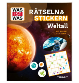 Buchcover: Rätseln & Stickern Weltall mit Astronaut, Planet und Rätselgitter mit bunten Stickern.