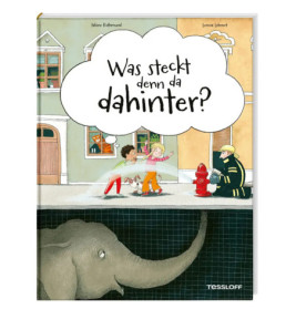 Kinder und Feuerwehrmann am Hydranten, dahinter ein Elefant Sprechblase mit deutschem Text.