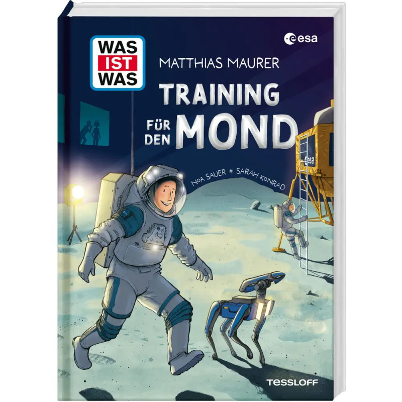 Buchcover von Training für den Mond mit Astronauten, Robotermhund und Landemodul auf dem Mond. Buchcover von Training für den Mond mit Astronauten, Robotermhund und Landemodul auf dem Mond.