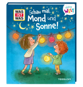Zwei Kinder hängen bunte Laternen unter Nachthimmel mit Mond und Sternen auf einem Buchcover auf.