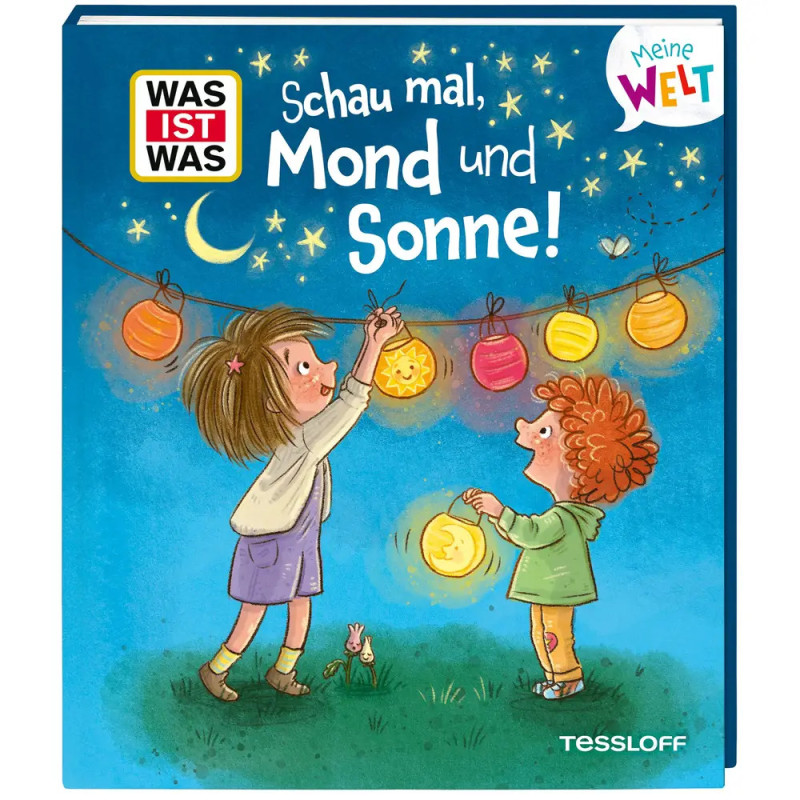 Zwei Kinder hängen bunte Laternen unter Nachthimmel mit Mond und Sternen auf einem Buchcover auf.