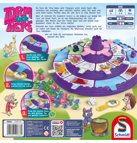 Rückseite einer Brettspielschachtel mit bunten Tierfiguren, Spielmaterial und bebilderten Aufbauanweisungen.