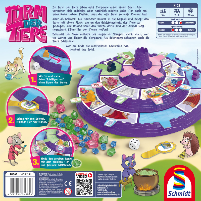 Rückseite einer Brettspielschachtel mit bunten Tierfiguren, Spielmaterial und bebilderten Aufbauanweisungen.