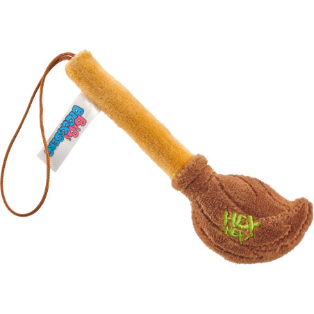 Plüschspielzeug in Form eines braunen Besens mit Henkel und aufgesticktem HEX HEX!-Label.