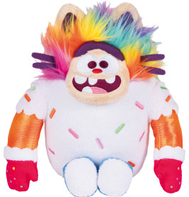 Plüschtier mit Regenbogenhaaren, bunten Streuseln auf weißem Körper, orangefarbenen Armen und rotem Lächeln.