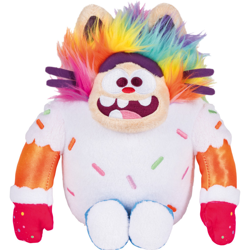 Plüschtier mit Regenbogenhaaren, bunten Streuseln auf weißem Körper, orangefarbenen Armen und rotem Lächeln.