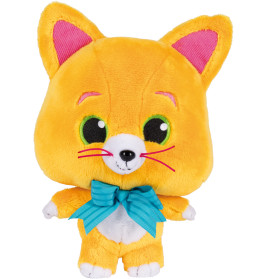 Orangefarbener Plüschkater mit großen grünen Augen, blauer Fliege und pinken Ohren, steht aufrecht.