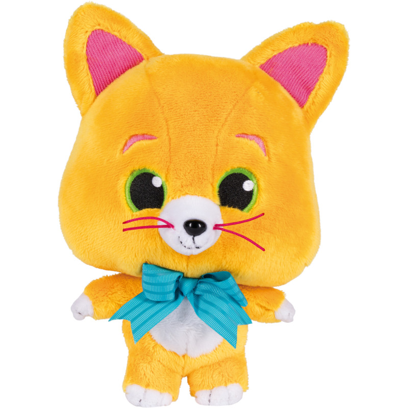 Orangefarbener Plüschkater mit großen grünen Augen, blauer Fliege und pinken Ohren, steht aufrecht.