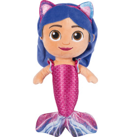 Stoffmeerjungfrau mit blauen Haaren, rosa Schwanz und Katzenohren, lächelt mit großen braunen Augen.