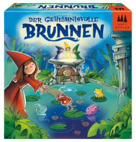 Bunte Brettspielschachtel Der Geheminisvolle Brunnen mit Zwergen, Mädchen, magischen Wesen und leuchtendem Brunnen.