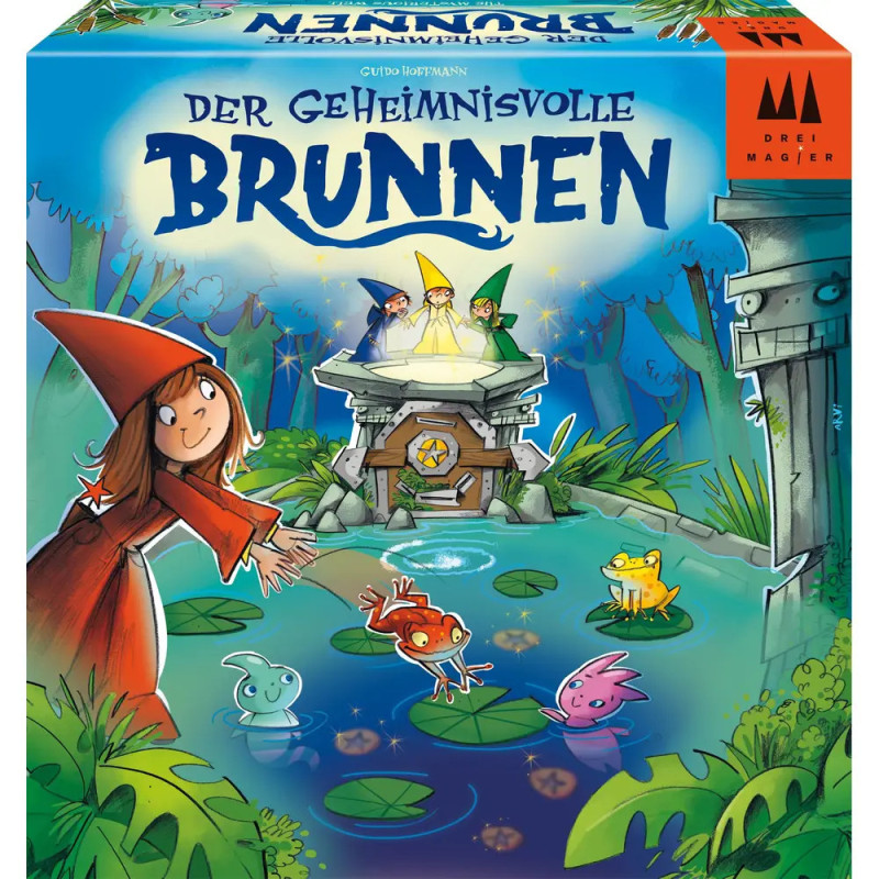 Bunte Brettspielschachtel Der Geheminisvolle Brunnen mit Zwergen, Mädchen, magischen Wesen und leuchtendem Brunnen.