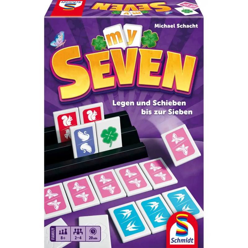 My Seven Brettspiel-Box mit Tier- und Kleeblattplättchen, Spieldetails und Schmidt Spiele Logo. My Seven Brettspiel-Box mit Tier- und Kleeblattplättchen, Spieldetails und Schmidt Spiele Logo.