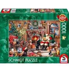 Weihnachtspuzzle (1000 Teile): Santa liest Liste am Kamin, mit Hunden, Baum und Geschenken.