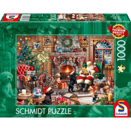 Weihnachtspuzzle (1000 Teile): Santa liest Liste am Kamin, mit Hunden, Baum und Geschenken.