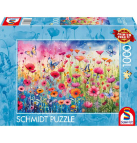 Schmidt Puzzle mit 1000 Teilen, zeigt bunte Blumen, Schmetterlinge und einen farbenfrohen Himmel.