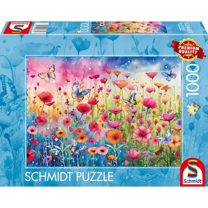 Schmidt Puzzle mit 1000 Teilen, zeigt bunte Blumen, Schmetterlinge und einen farbenfrohen Himmel.