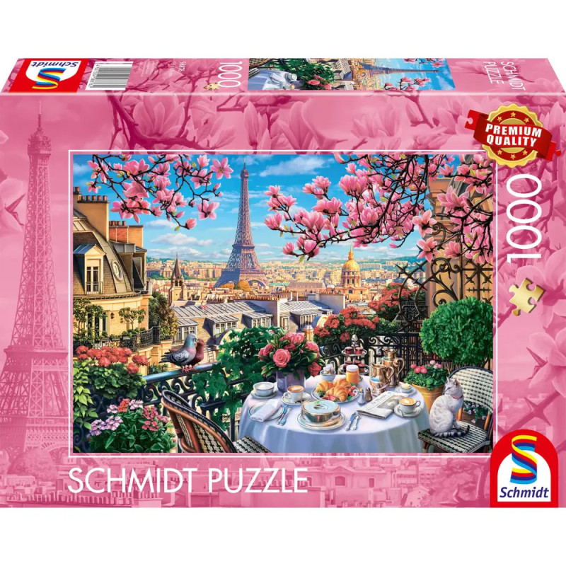 Schmidt Puzzle mit 1000 Teilen: Pariser Balkon, Eiffelturm und rosafarbene Blüten. Schmidt Puzzle mit 1000 Teilen: Pariser Balkon, Eiffelturm und rosafarbene Blüten.